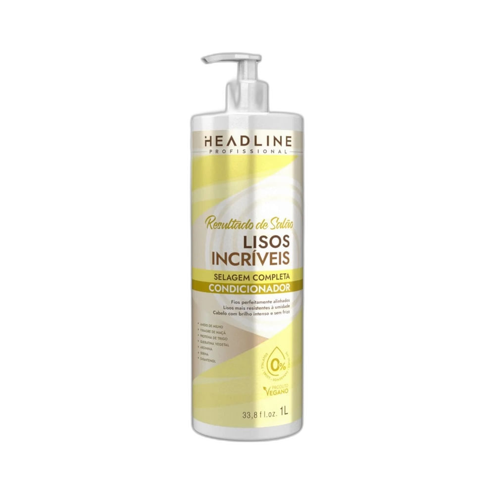 Condicionador Headline Lisos Incríveis embalagem branca com detalhes em amarelo e dourado